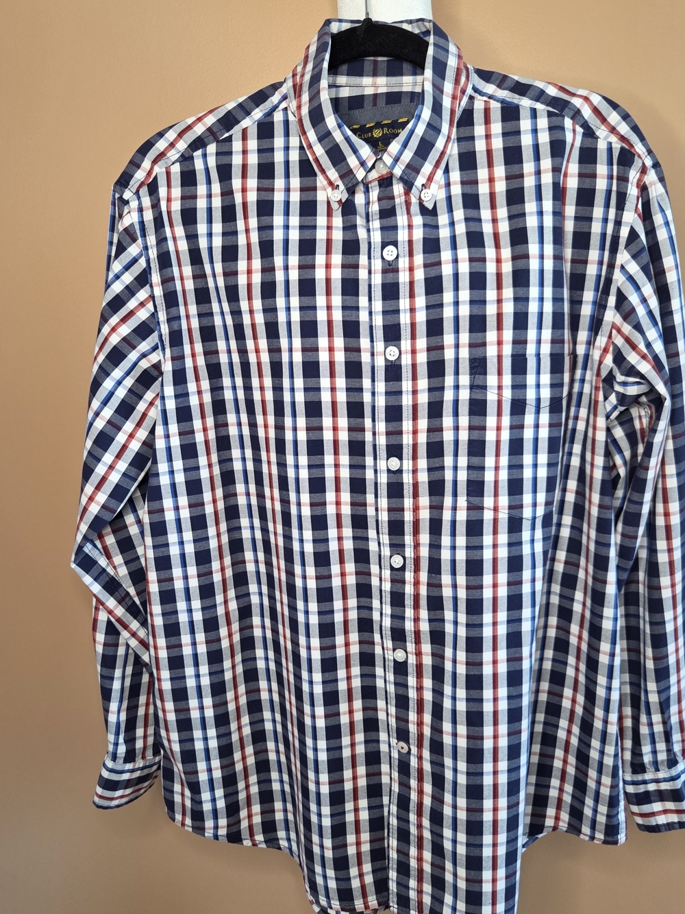 Club Room Navy, White & Red Plaid Button-Down Shirt - Men Sz L